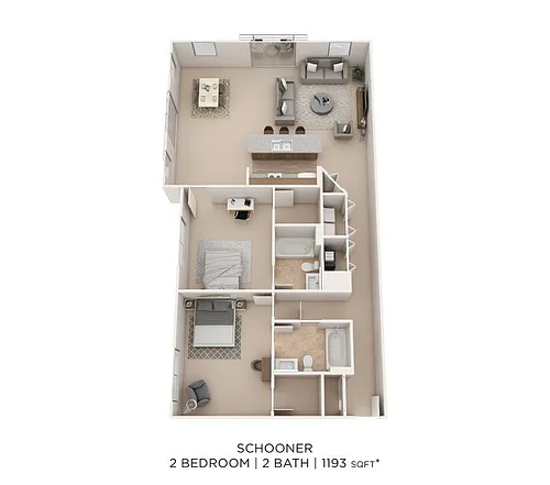 Floor plan Two Bedroom 2 Bath - 1,193 sqft