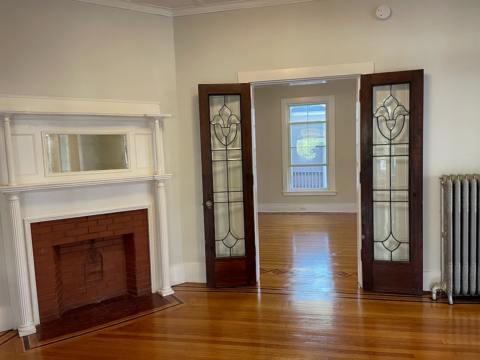 View from room with antique glass doors.