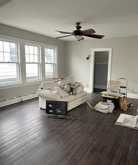 Spacious living room opens up into the kitchen