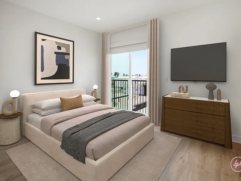 Bedroom with Recessed Lighting, Vinyl Flooring, and a Private Balcony - Dylan Floor Plan