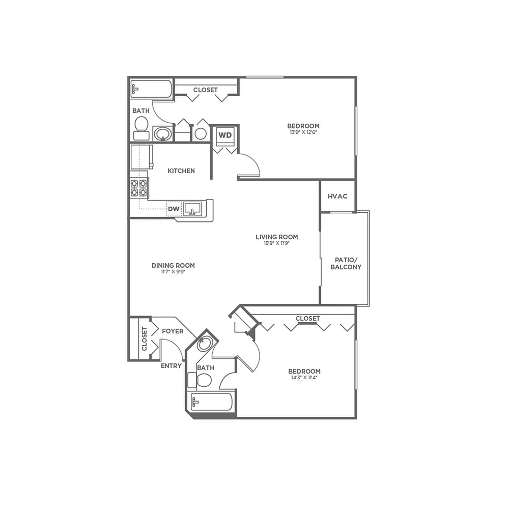 Floor plan Two Bedroom Two Bath (1013 SF)