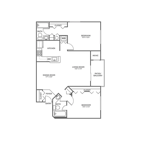 Floor plan Two Bedroom Two Bath (1013 SF)