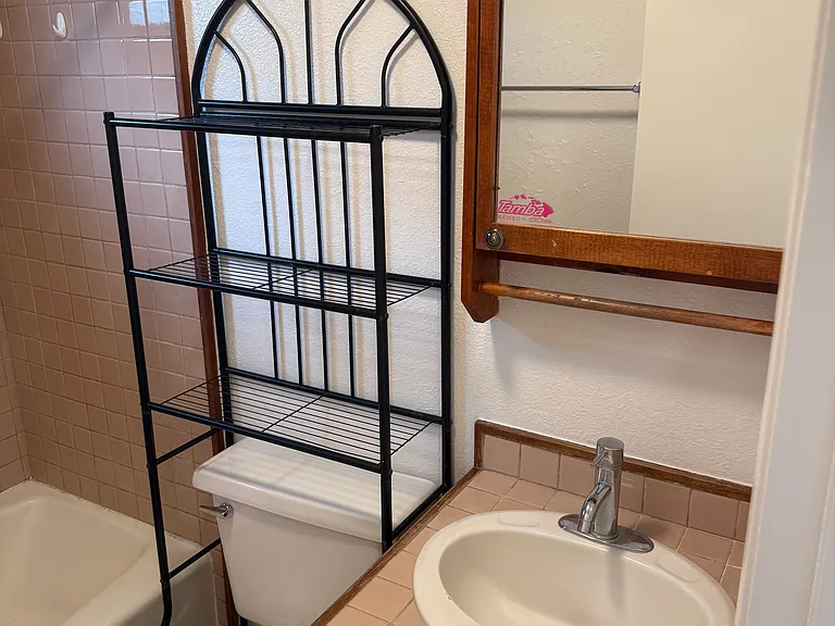 Bathroom with small vanity and storage