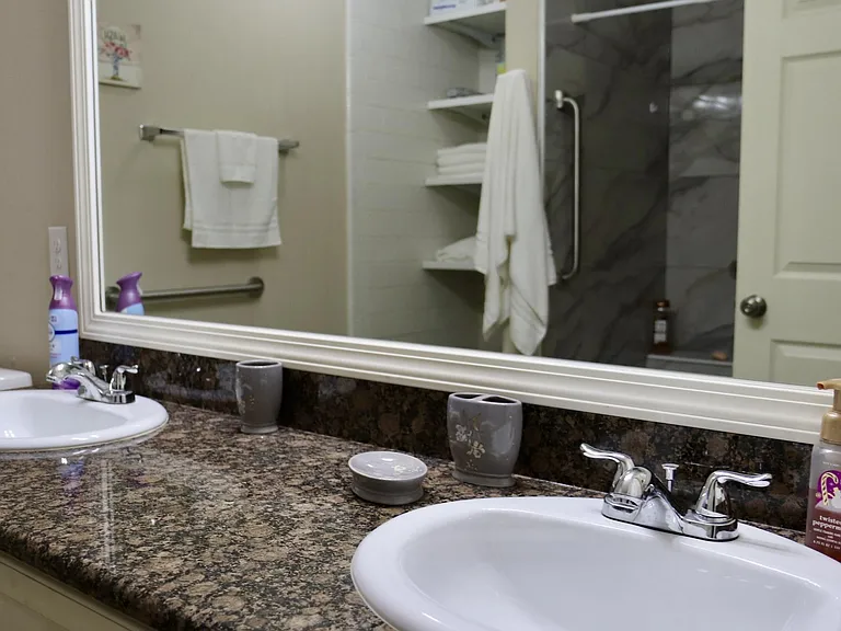 Bathroom vanity with dual sinks, granite countertop, and a large framed mirror with nearby linen shelving.