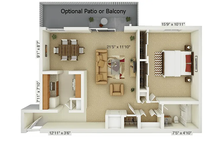 Floor plan 1 Bedroom Pine