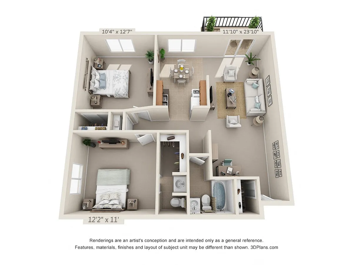 Floor plan 2 Bedroom, 1 1/2 Bath 865 B (Balcony)