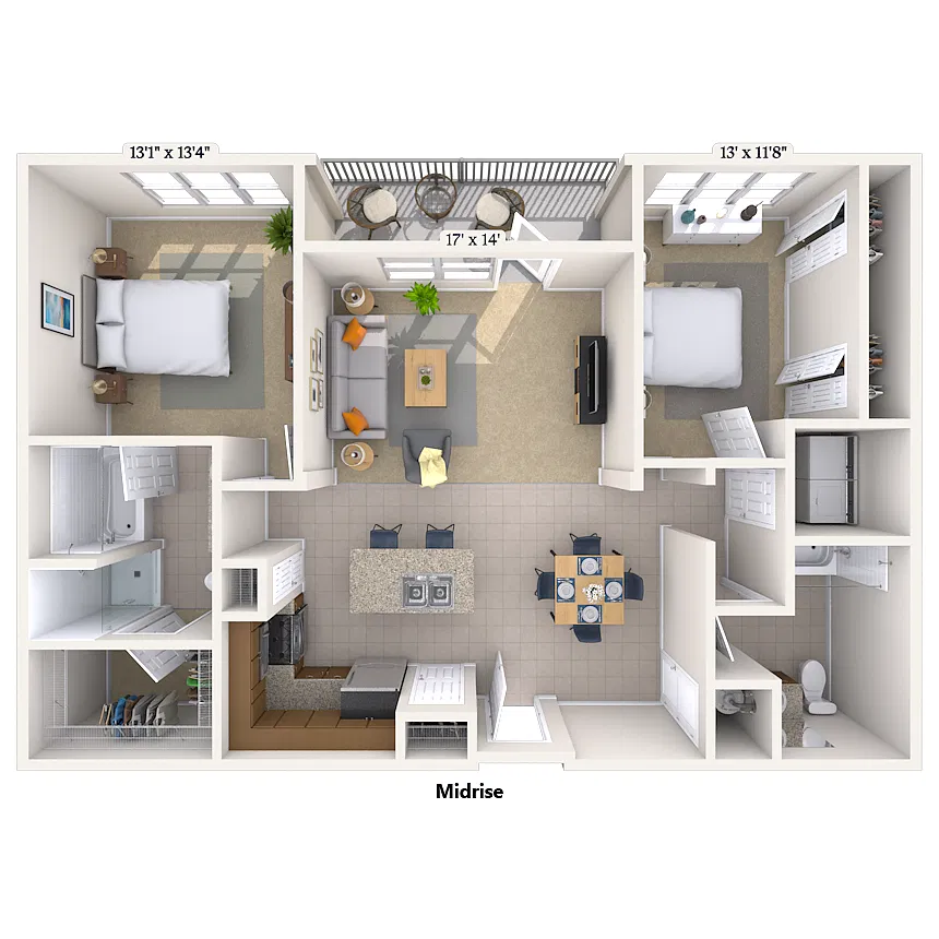 Floor plan Traditional 2x2 1202-1250 SF