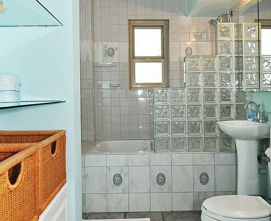 Glass block shower with Jacuzzi tub