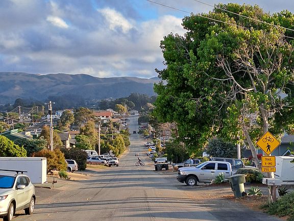 View of street & bike path sign to the right