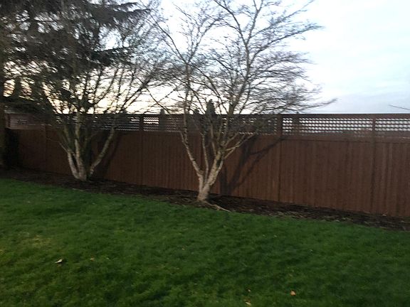 Backyard view. Empty lot with gravel road behind the fence.