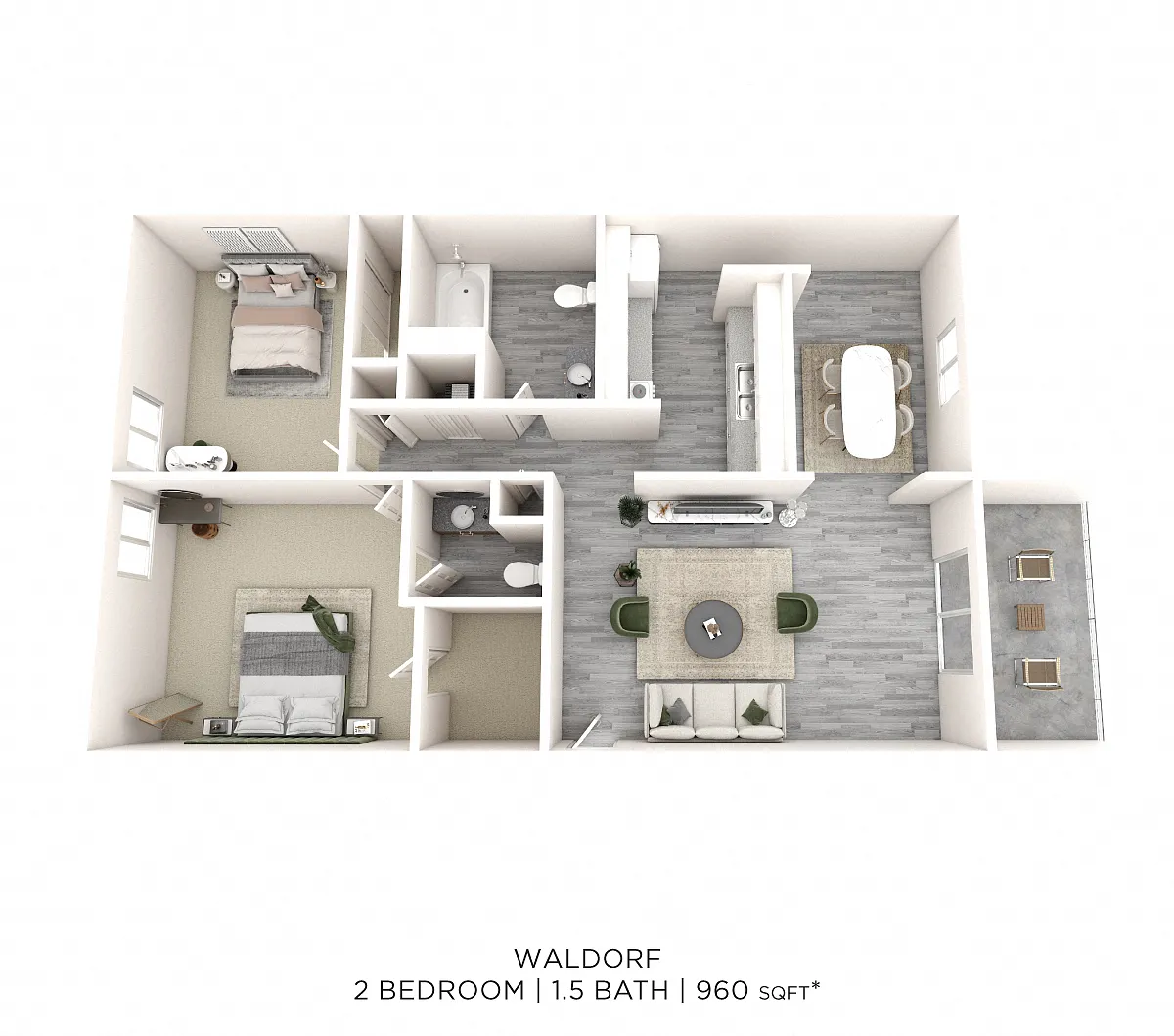 Floor plan Two Bedroom 1.5 Bath - 960 sqft