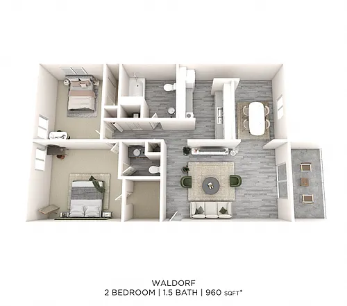 Floor plan Two Bedroom 1.5 Bath - 960 sqft