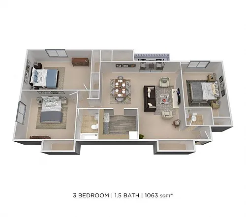 Floor plan Three Bedroom 1.5 Bath - 1,063 sqft