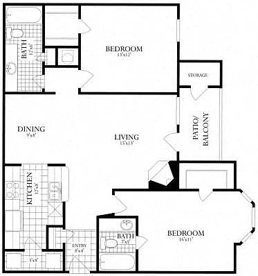 Floor plan 2 Bed, 2 Bath 1038 SF 22D