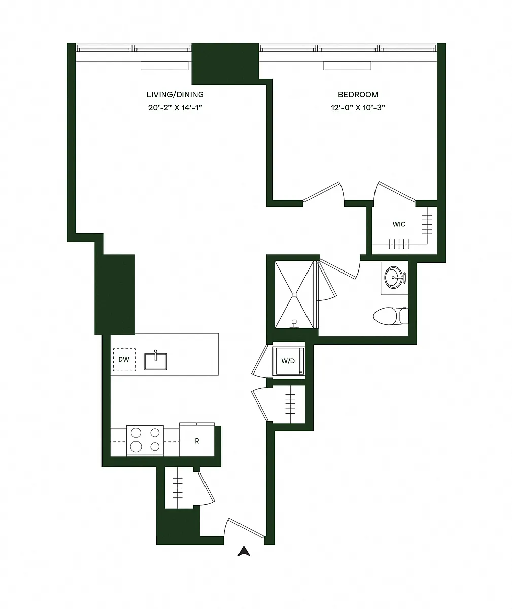 Floor plan Residence 02 - North: 1BR 1BA (Floor 44)