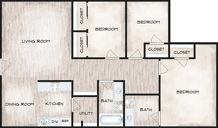 3 Bedroom | 1.5 Bath Floorplan Diagram