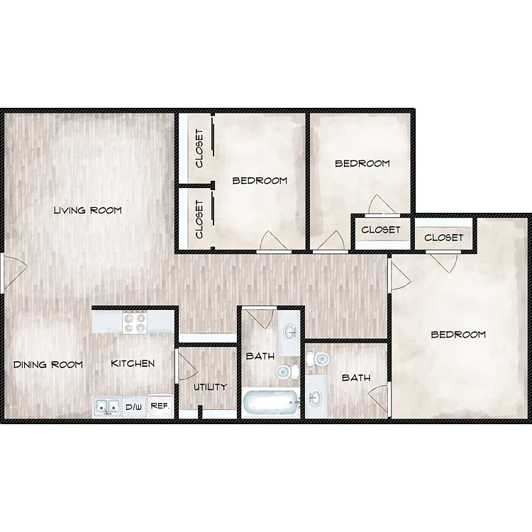 Floor plan 3 Bedroom | 1.5 Bath