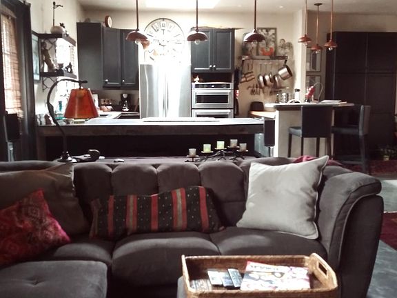 Living, kitchen, and bar area.