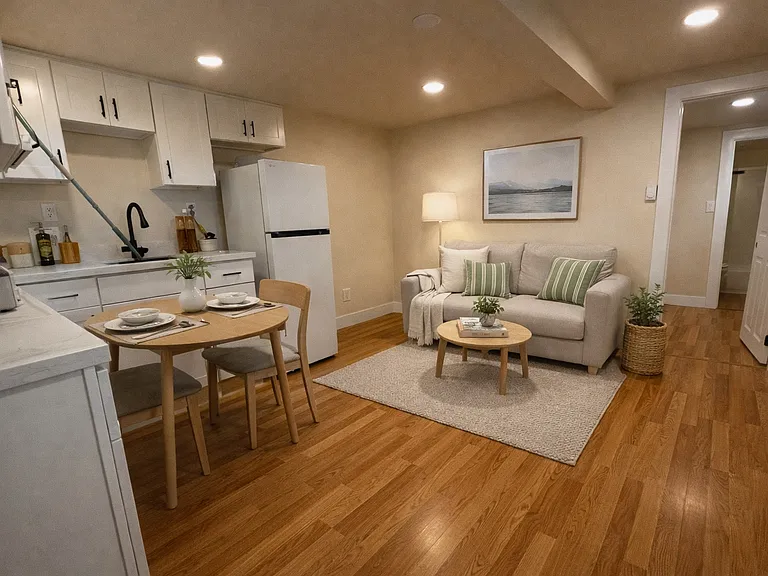 Staged great room - table should be more central in this photo