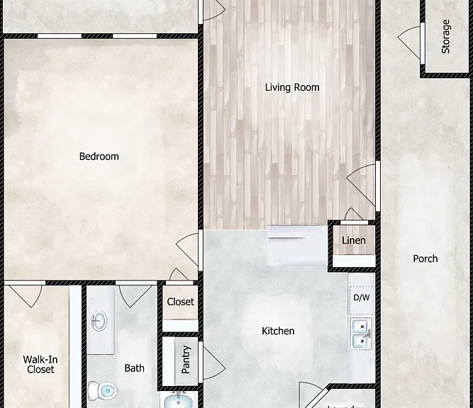 1 Bed 1 Bath Floorplan Diagram
