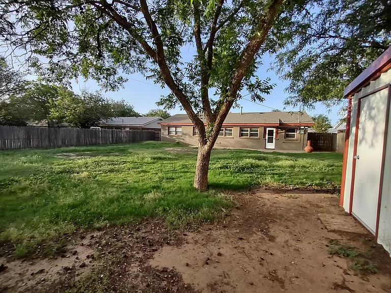 Huge back yard with shady pecan tree.