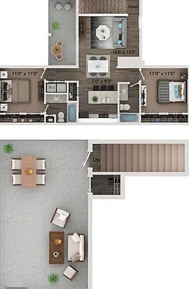Two bedroom - two bathroom townhome with full size washer and dryer connections. Ground floor homes offer wood plank style flooring all through out. Second floor homes offer carpet in the bedroom's and closets. Two bedroom - two bathroom townhome with ful