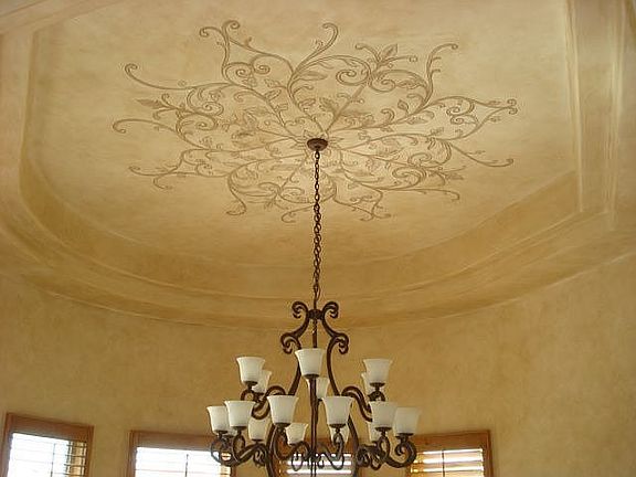 custom hand painted ceiling in formal dining room