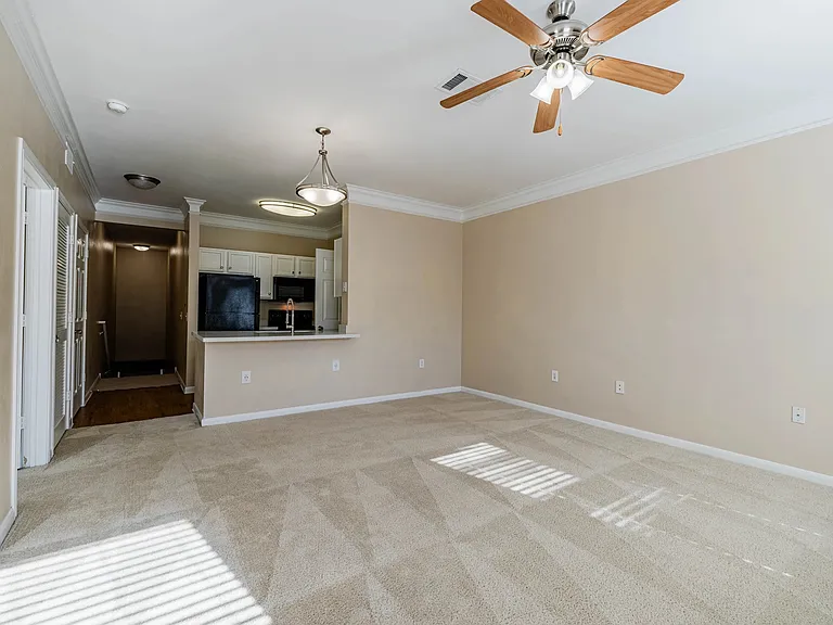 Bright living area with plush carpeting, ceiling fan, elegant lighting, and a view of the modern kitchen with black appliances. Bright living area with plush carpeting, ceiling fan, elegant lighting, and a view of the modern kitchen with black appliances.