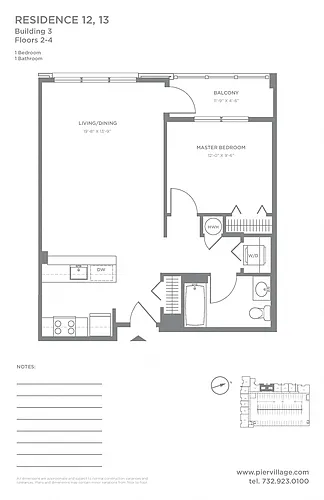 Floor plan P2 1BR 1BA (750 SF)