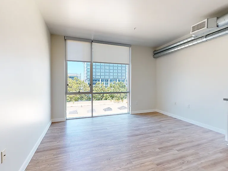 Apartment dining and living room with wood-style flooring.