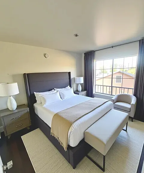 Bright, large bedroom. Virtually staged
