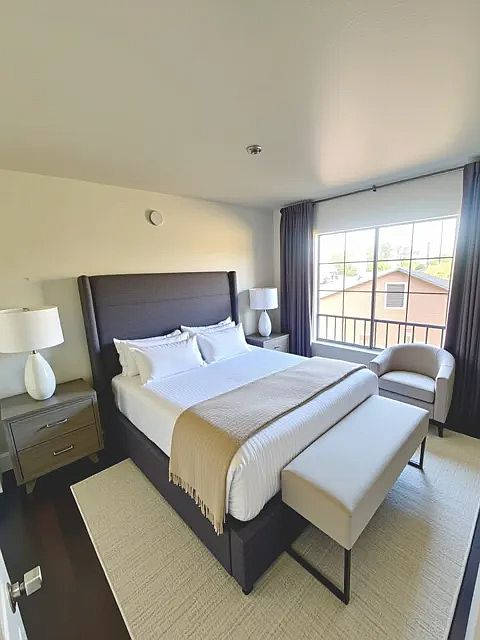 Bright, large bedroom. Virtually staged