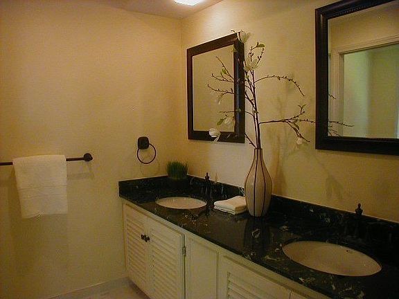 Ensuite marble bathroom with double vanities.