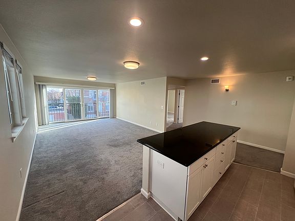 Living room and kitchen island.
