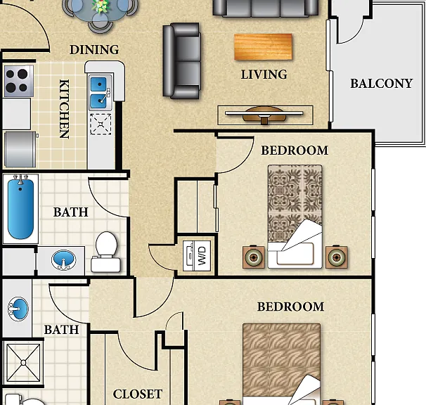 Plan D2 2 Bed 2 Bath Floorplan Diagram