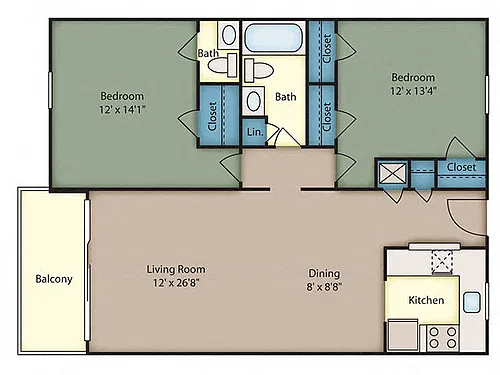 Floor plan 2 Bed 1.5 with Balcony-Patio