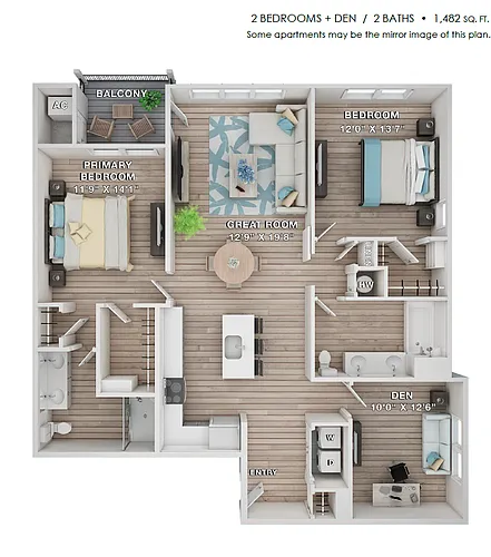 Floor plan 2 Bed 2 Bath w Den