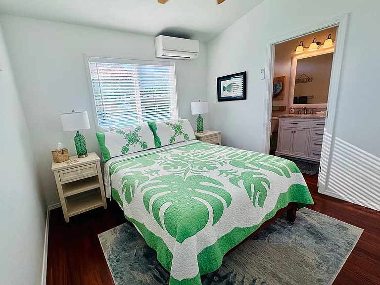 Separate split A/C system and ceiling fan in the bedroom. Queen size bed with all linens provided.