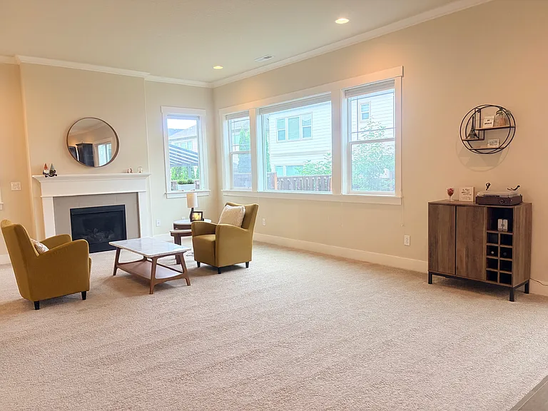 Spacious great room with fireplace.