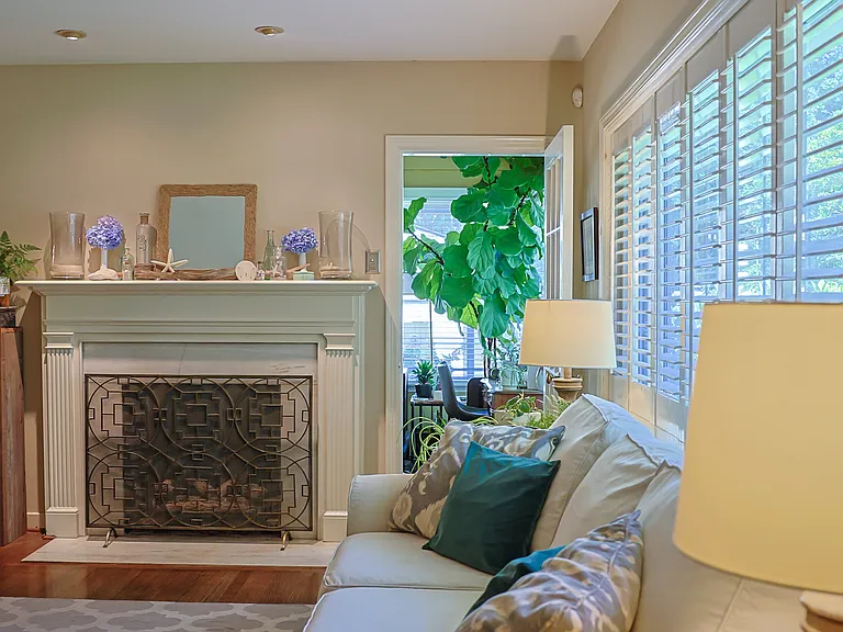 Wooden shutters in the living room are one of the many wonderful features in this house. The east facing sunroom is currently home to an 8 foot fiddle leaf fig tree and dozens of other indoor plants that thrive in the abundant natural light.