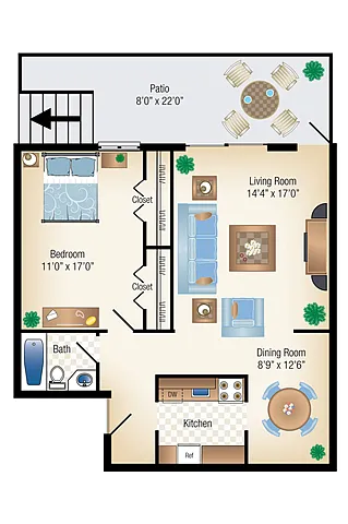 Floor plan 1Bed 1Bath Garden 778 sf