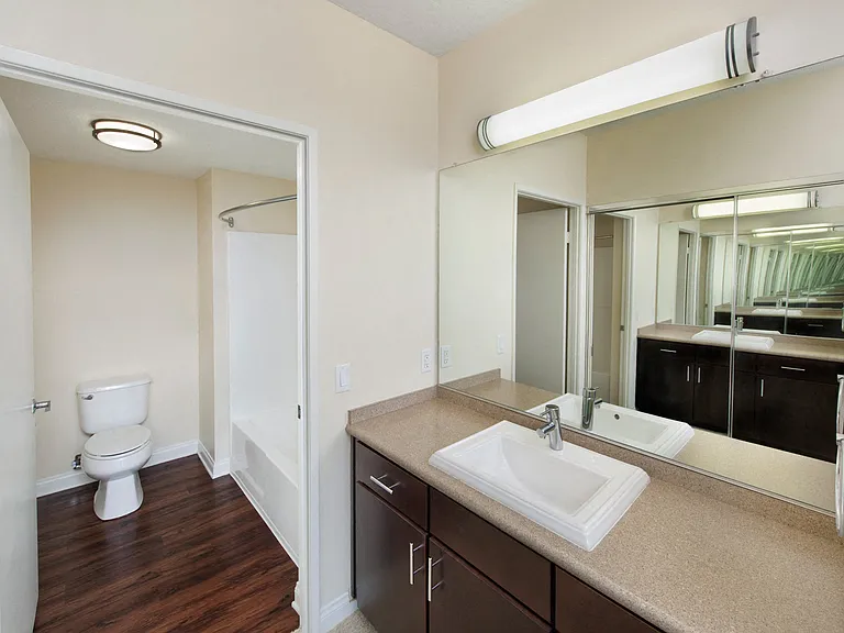 Renovated bathrooms with frameless mirrors, wood-style plank flooring and upgraded shower / tub