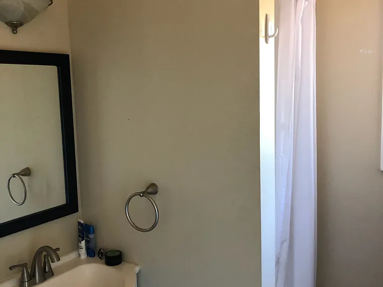 Bathroom with shower - again, a great window view.