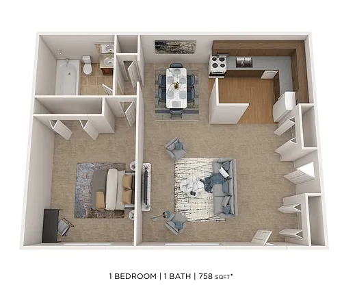 Floor plan One Bedroom- 758 sqft