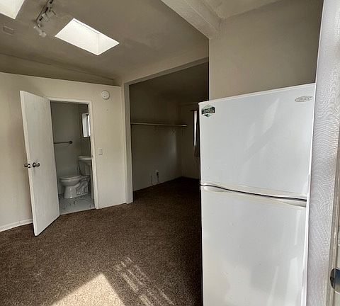 Entrance inside studio, full size refrigerator, looking towards bathroom