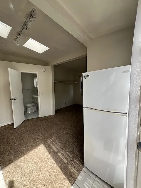 Entrance inside studio, full size refrigerator, looking towards bathroom