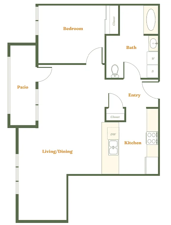 Floor plan 1 Bedroom 1 Bath (K)
