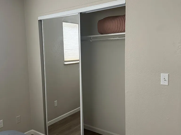 Bedroom offers a mirrored sliding-door closet with shelving and hanging space, plus wood-style flooring for easy upkeep.