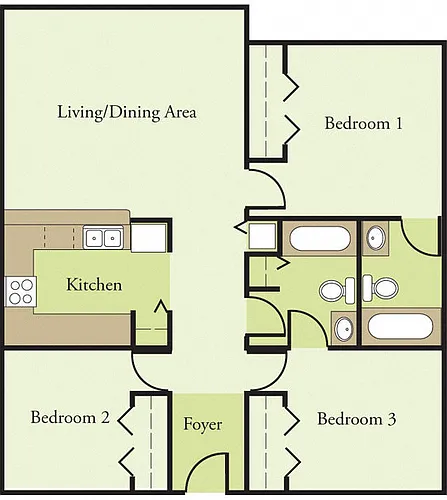 Floor plan Three Bedroom Two Bath