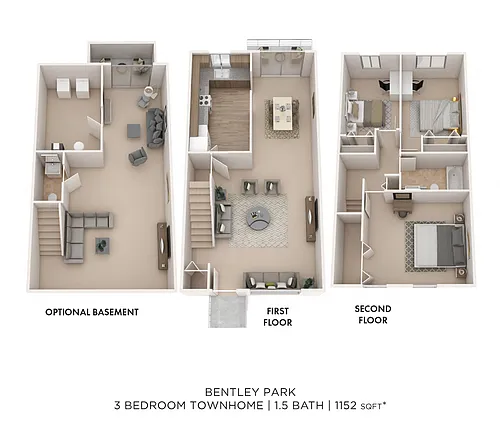 Floor plan Three Bedroom 1.5 Bath Townhouse - 1,152 sqft